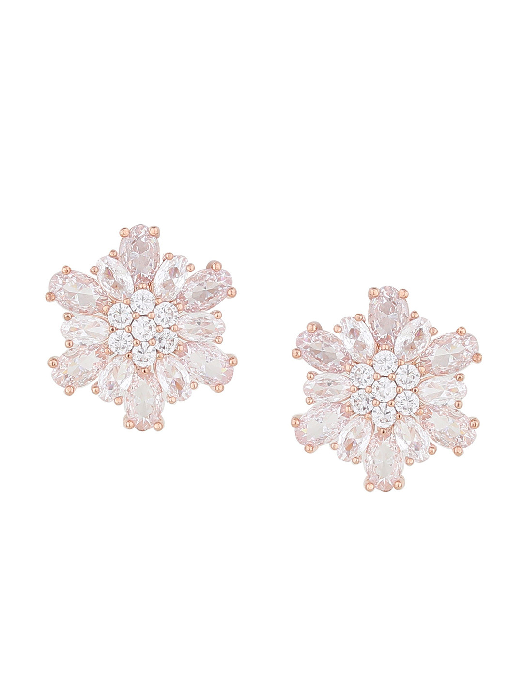 FirstBlush Stainless Steel Rose Gold-Plated Crystals Studded Floral Shaped Clip On Studs