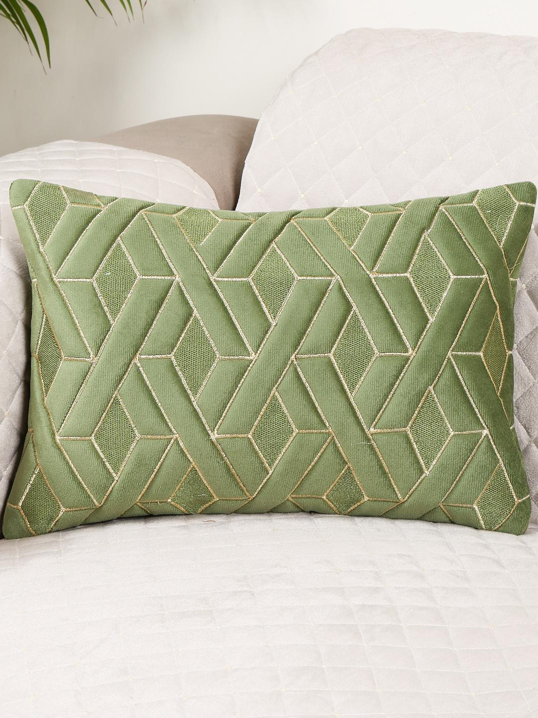 TANLOOMS Green And Gold Velvet Rectangle Cushion Cover