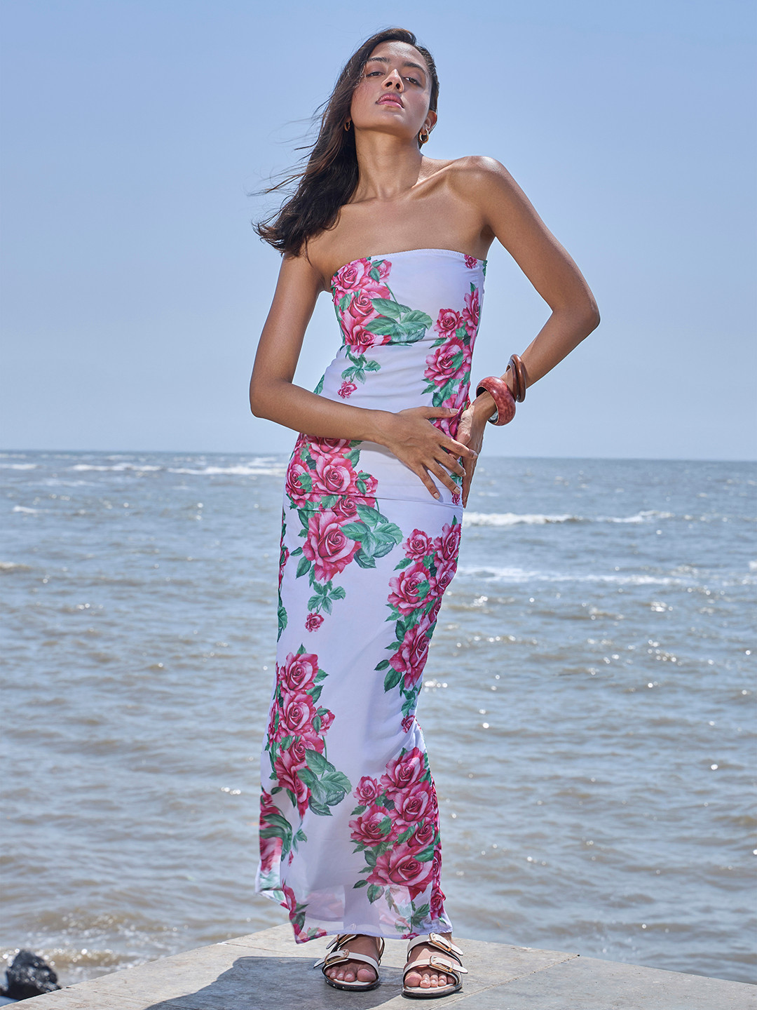 COLOR CAPITAL Floral Print Off-Shoulder Georgette Maxi Dress