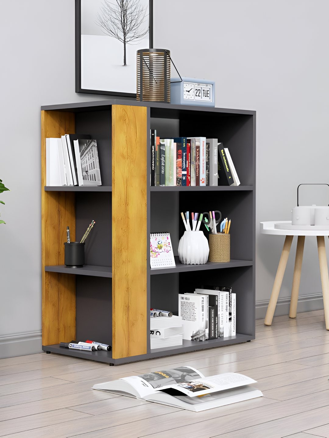 HEXA RED Grey & Brown Wooden Study Book Shelf