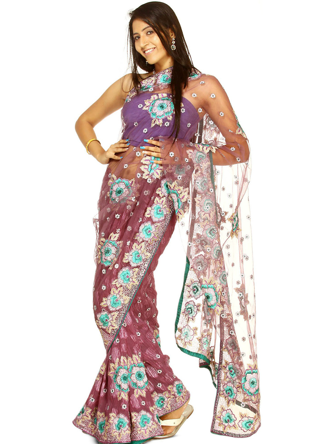 Exotic India Purple Passion Net Saree with All-Over Floral Aari Embroidery and Sequins