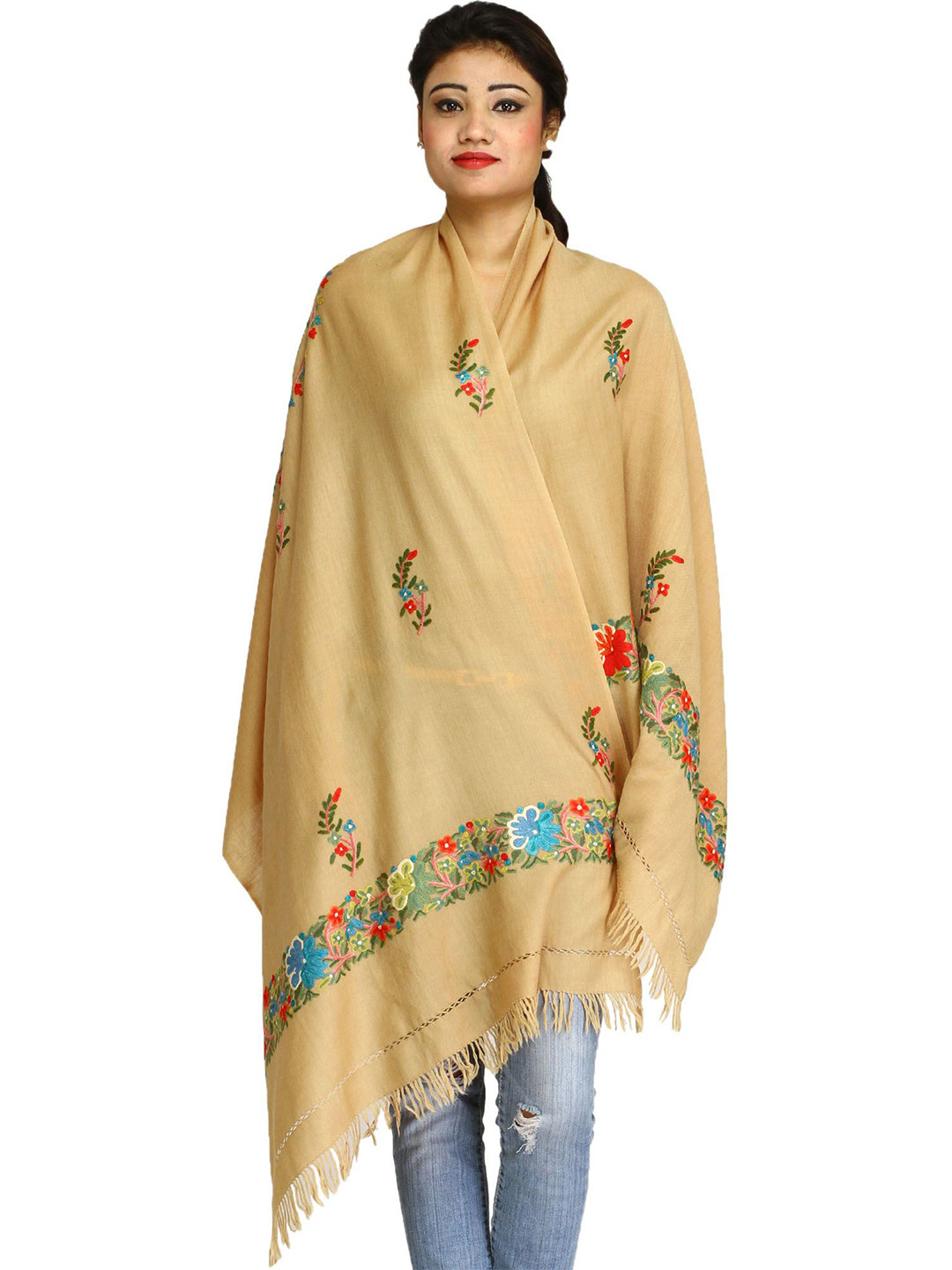 Exotic India Ari Kashmiri Chakra Stole with Floral Hand-Embroidery and Butterflies