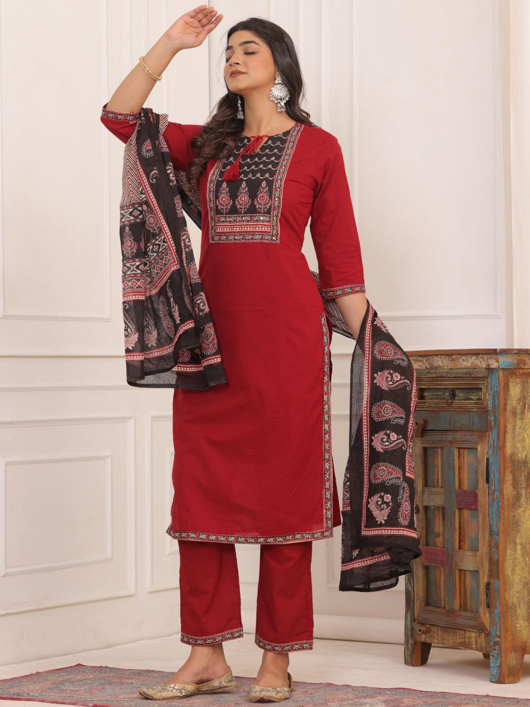 Sindh Fashion Floral Yoke Design Mirror Work Straight Kurta With Trouser & Dupatta