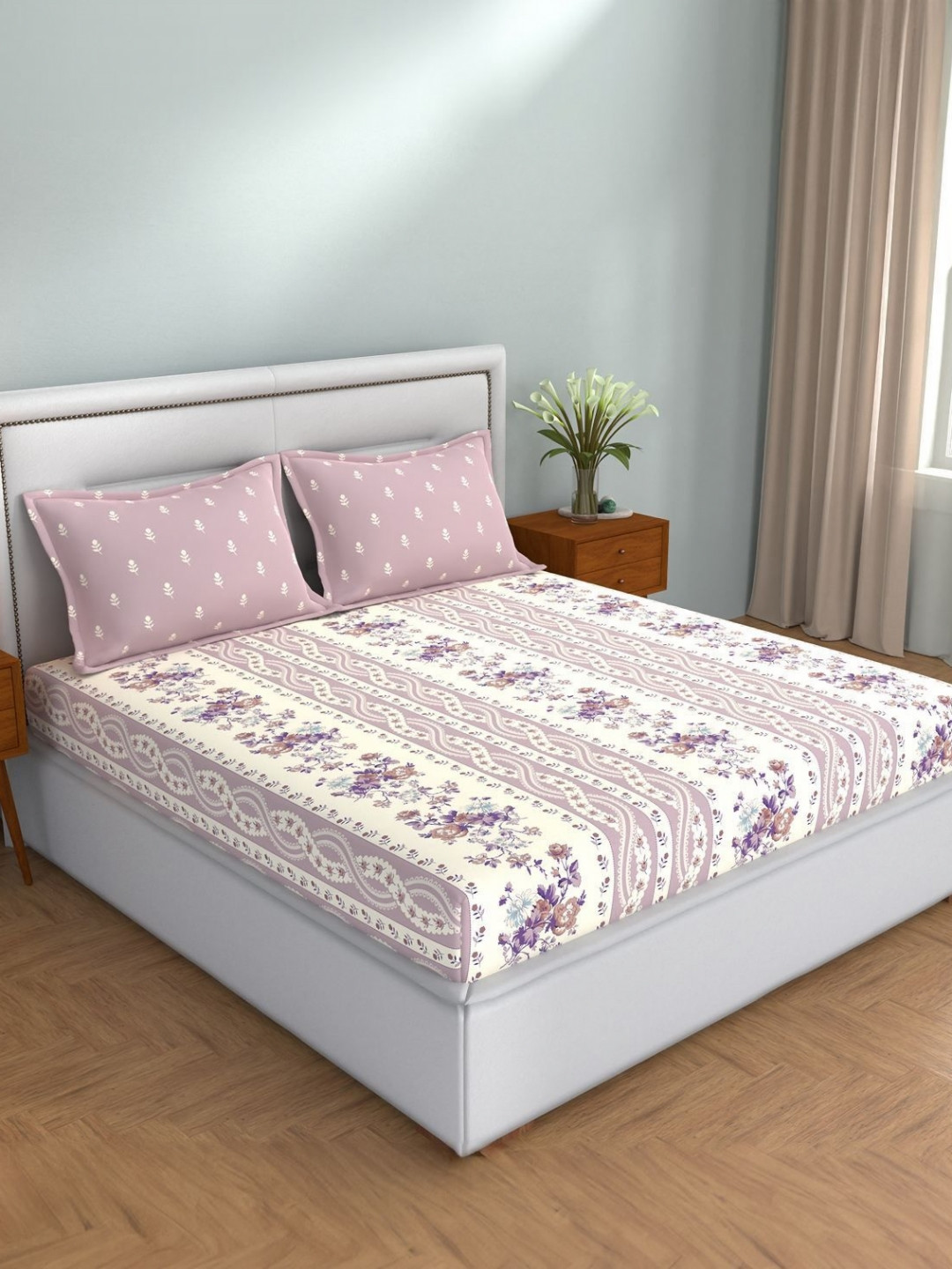 STELLAR HOME Lavender Printed Cotton 104 TC Single Bedsheet Set 2.24 cm X 2.74