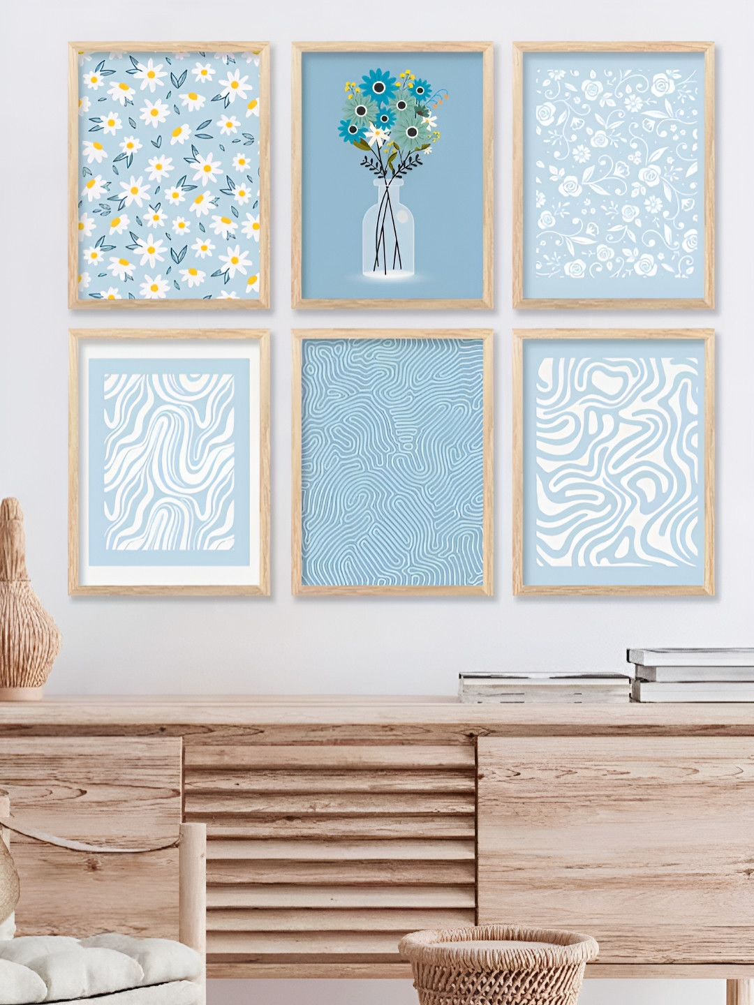 Kotart Brown & Blue 6 Pieces Wood Abstract Wall Arts