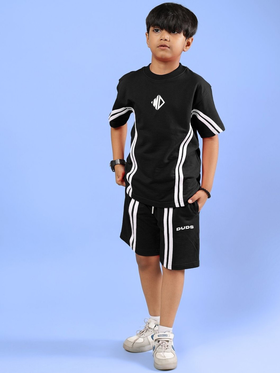 WEARDUDS Kids Outlook Half Striped Pure Cotton T-Shirt With Shorts