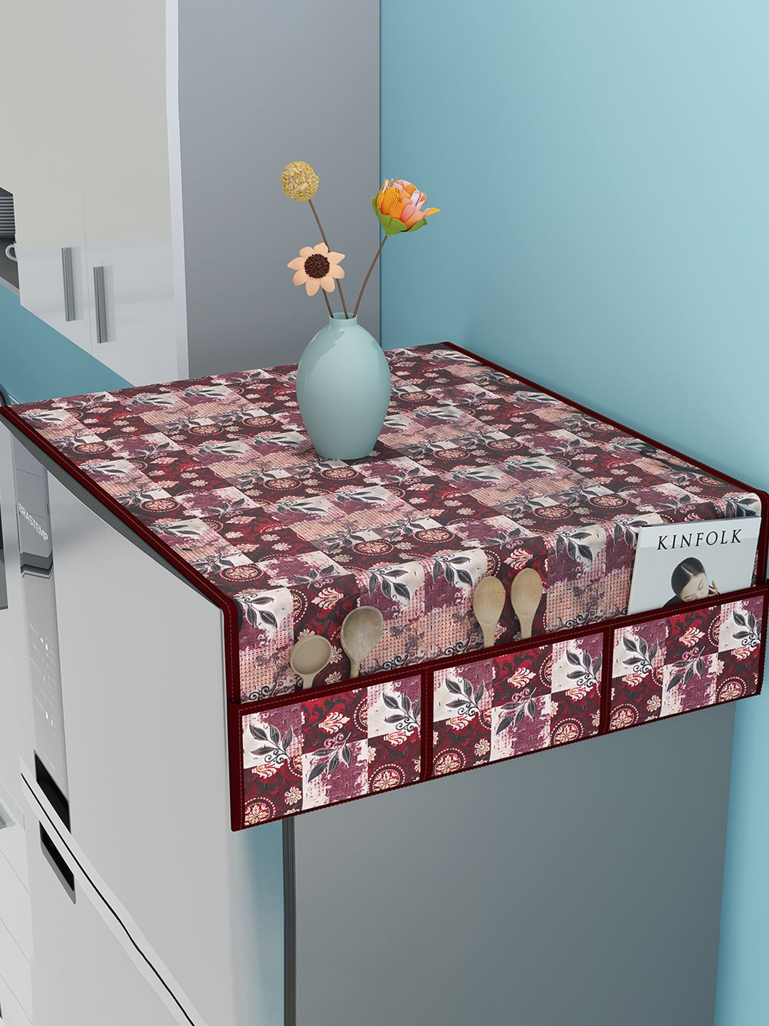 Kuber Industries Maroon Flower Check Printed Quilted Waterproof Fridge Top Cover