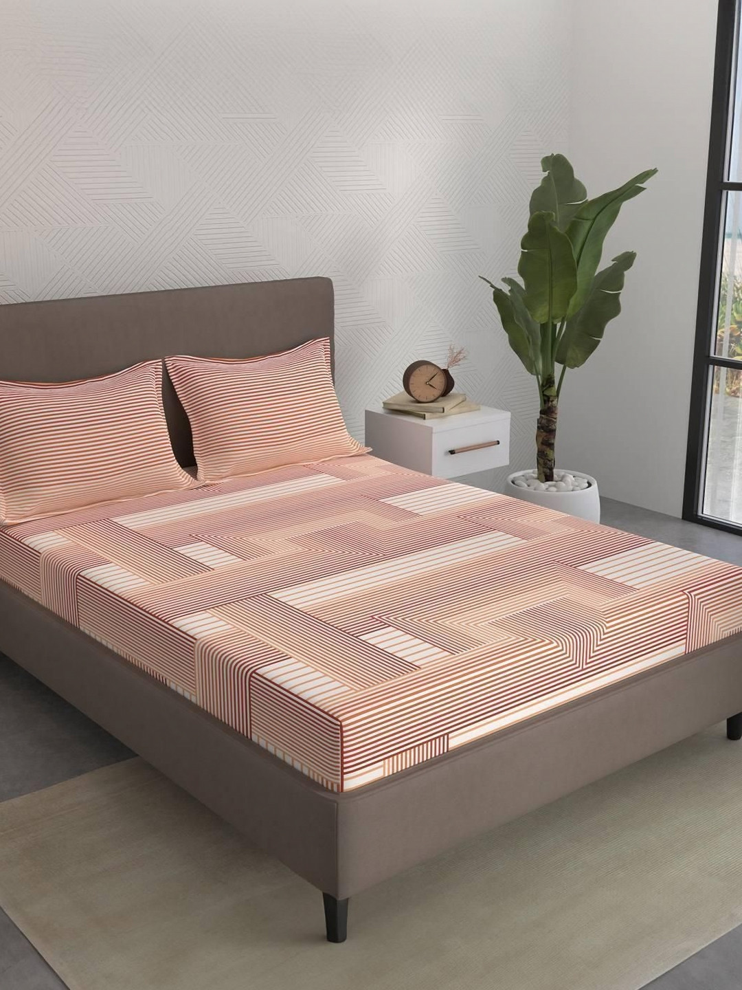 STELLAR HOME Peach & White 104 TC Queen Bedsheet Set 2.24 cm X 2.74