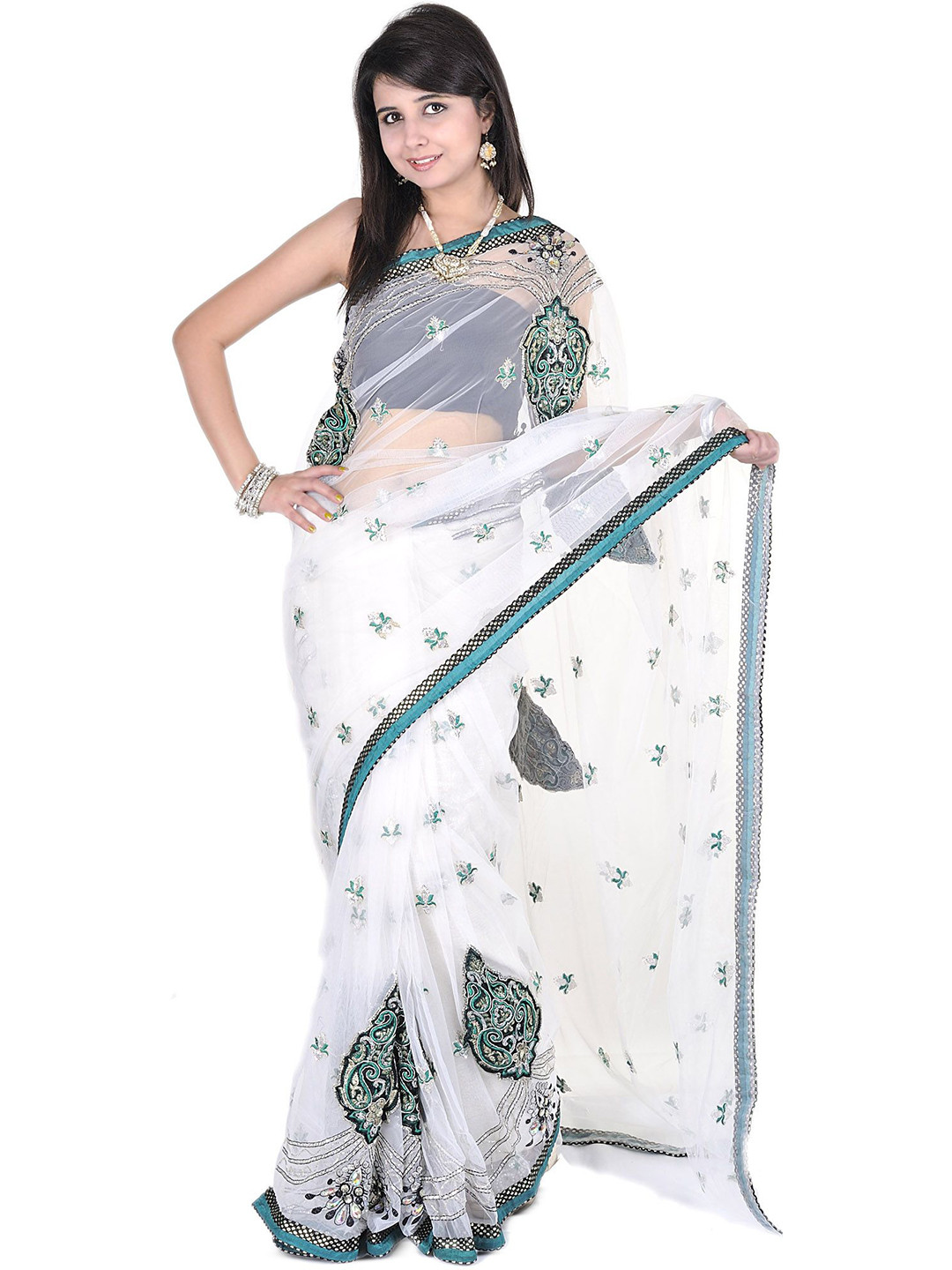 Exotic India Paisley Patchwork Net Saree