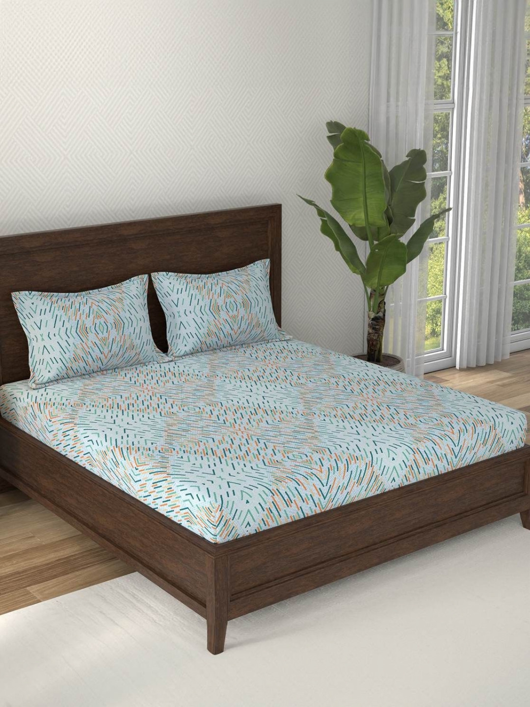 STELLAR HOME Blue & Orange 144 TC Bedsheet with 2 Pillow Covers