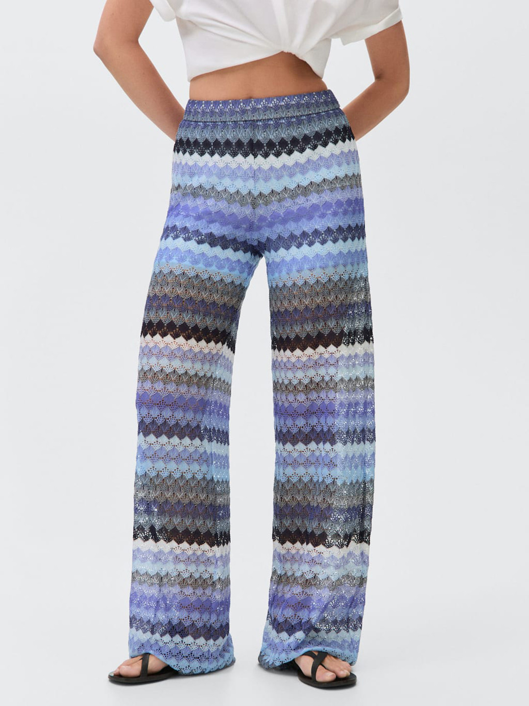 MANGO Women Open Knit Semi Sheer Striped Straight Fit Trousers