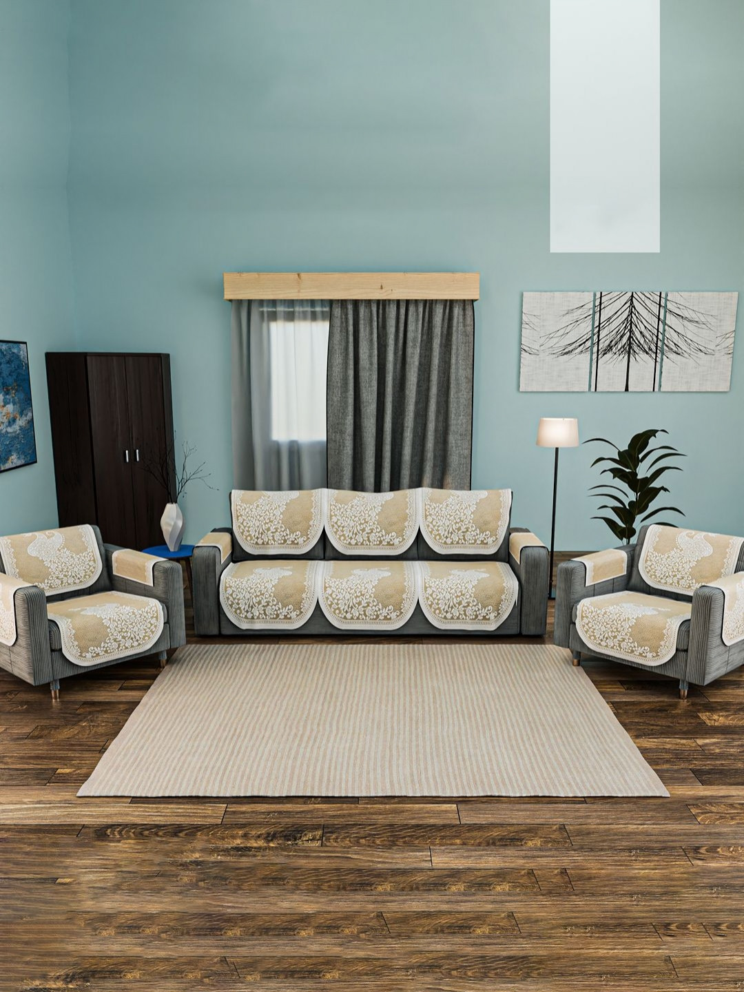 Aura Cream & Off White Set of 16 Stylish & Durable Cotton 5 Seater Sofa Covers with Arms