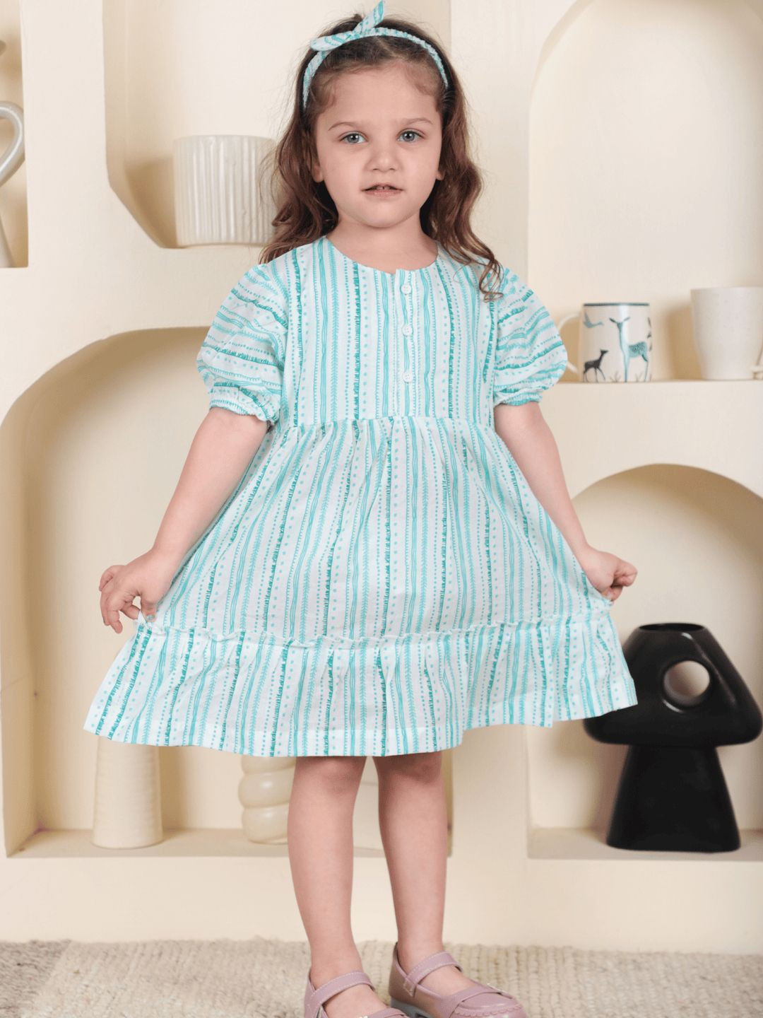 Polka Tots Girls Cotton Half sleeve Stripe print Frock with Headband