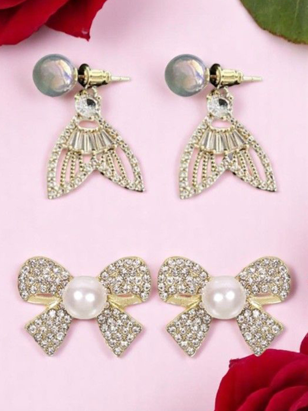 KRENOZ Set Of 2 Gold-Plated Rhinestones Studded & Pearls Beaded Contemporary Drop Earrings
