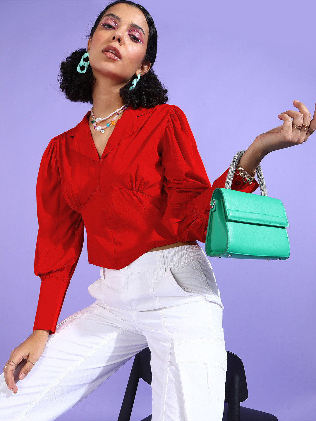 RARE Women Lapel Collar Crepe Crop Top