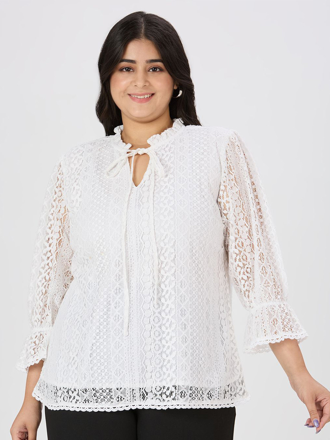 Style Quotient Plus Size Women Self Design Tie-Up Neck Puff Sleeve Cotton Top