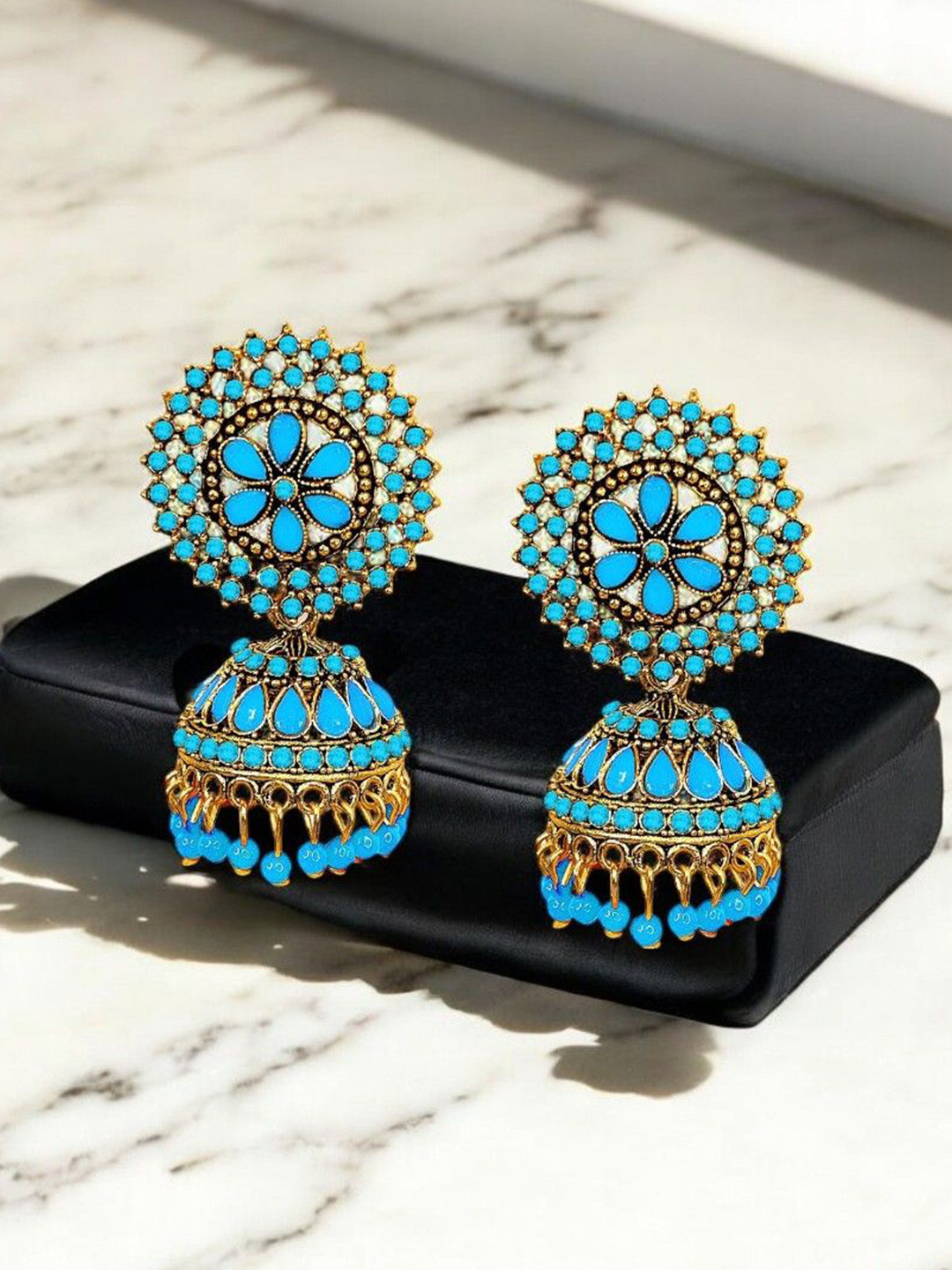 De-Ultimate Gold-Plated Artificial Stones Studded & Beads Beaded Dome Shaped Jhumkas