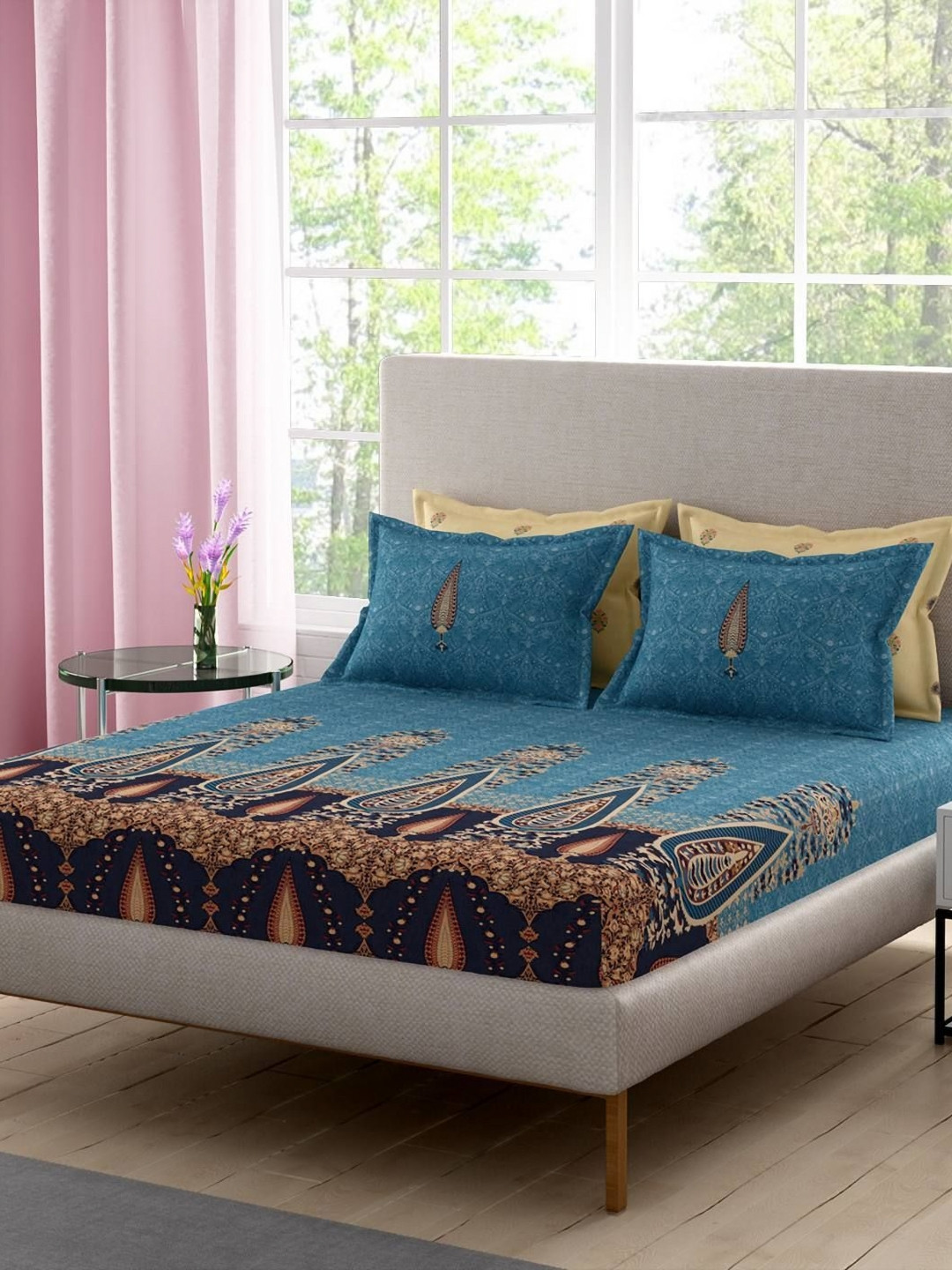Portico Neeta Lulla Blue Ethnic Motifs Cotton 210 TC Super King Bedsheet Set-2.74mx2.74m