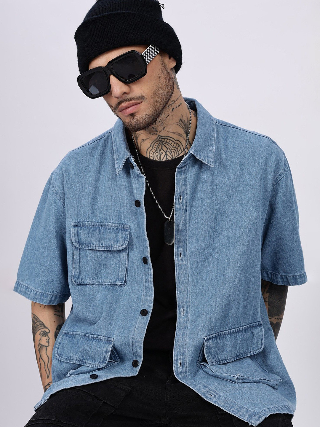 Eszett Embroidery Spread Collar Denim Ice Utility Oversized Shirt