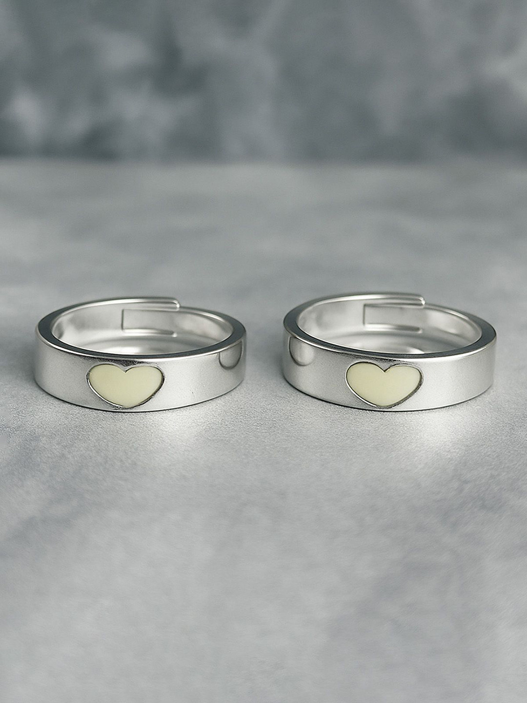 Adwitiya Collection Set Of 2 Silver-Plated Heart Design Couple Band Finger Ring