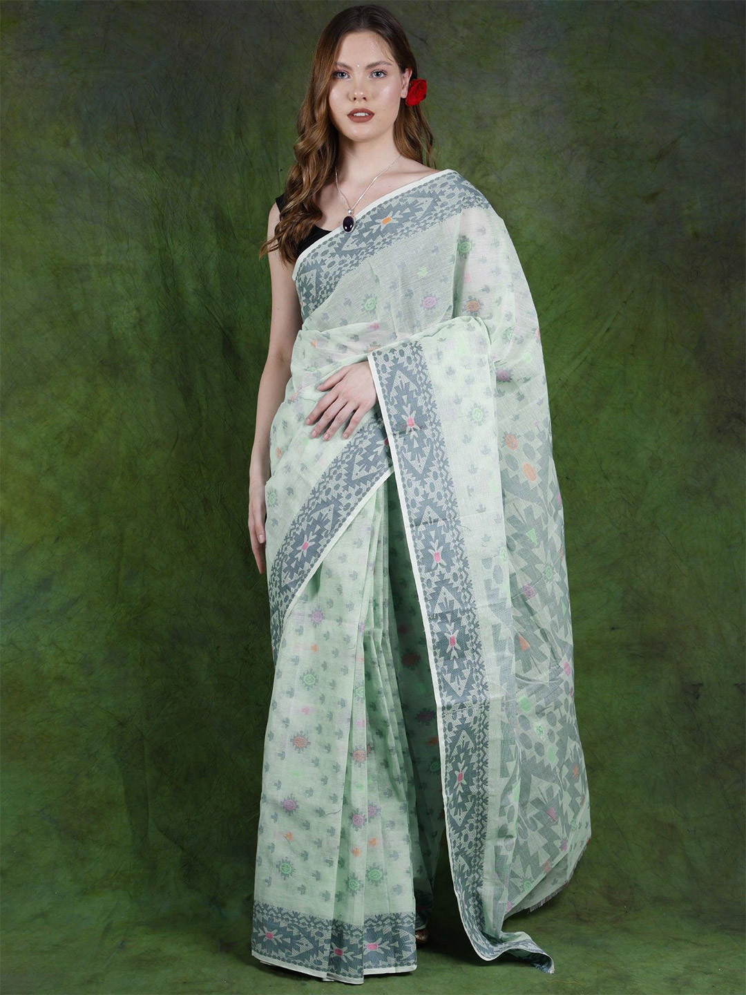 Exotic India Pure Cotton Jamdani Saree from Kolkata with All-Over Woven Bootis