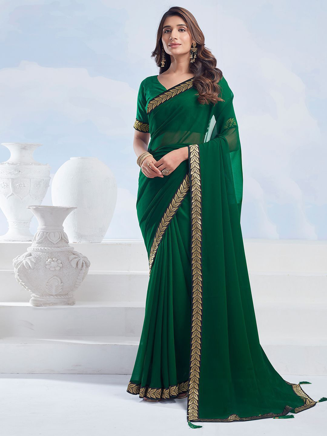 HERE&NOW Pure Georgette Saree with Woven Design Border