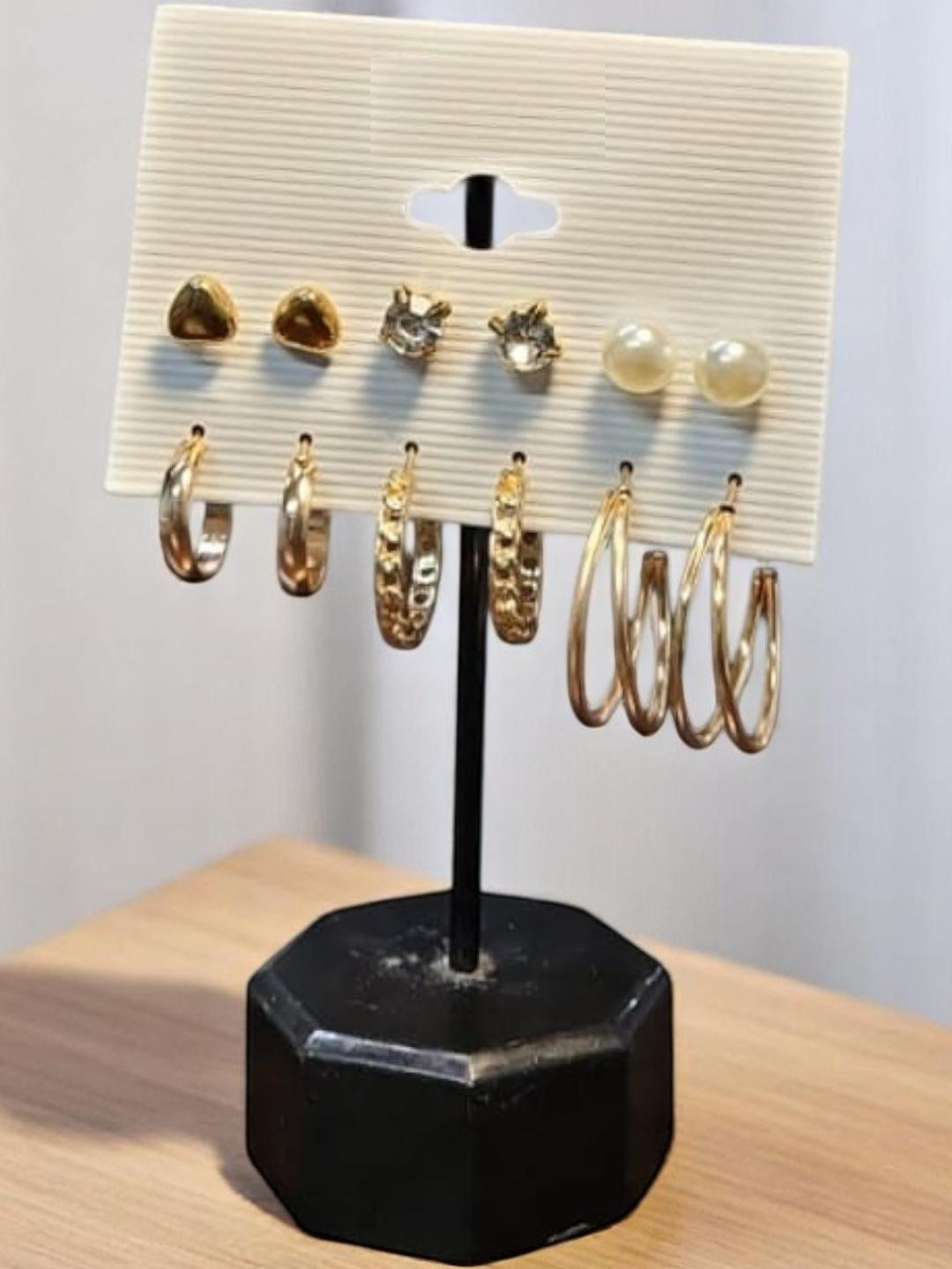 PUCHKOO Set of 6 Gold-Plated Circular Artificial Stones Studded & Pearls Beaded Studs