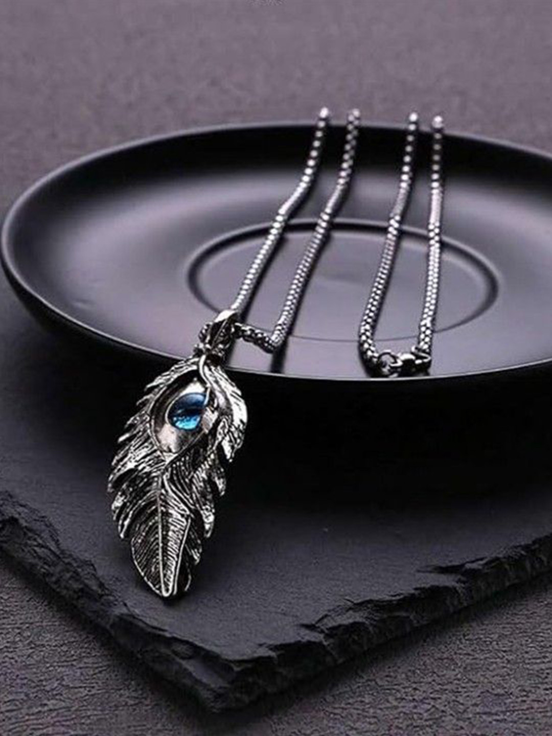 P. R. PRINTS Men Silver-Plated Turkish Eye Feather Personality Titanium Pendant With Chain