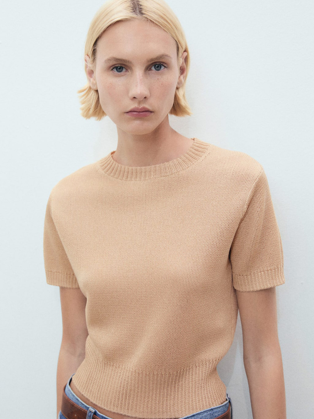 MANGO Short Sleeve Knitted Crop Top