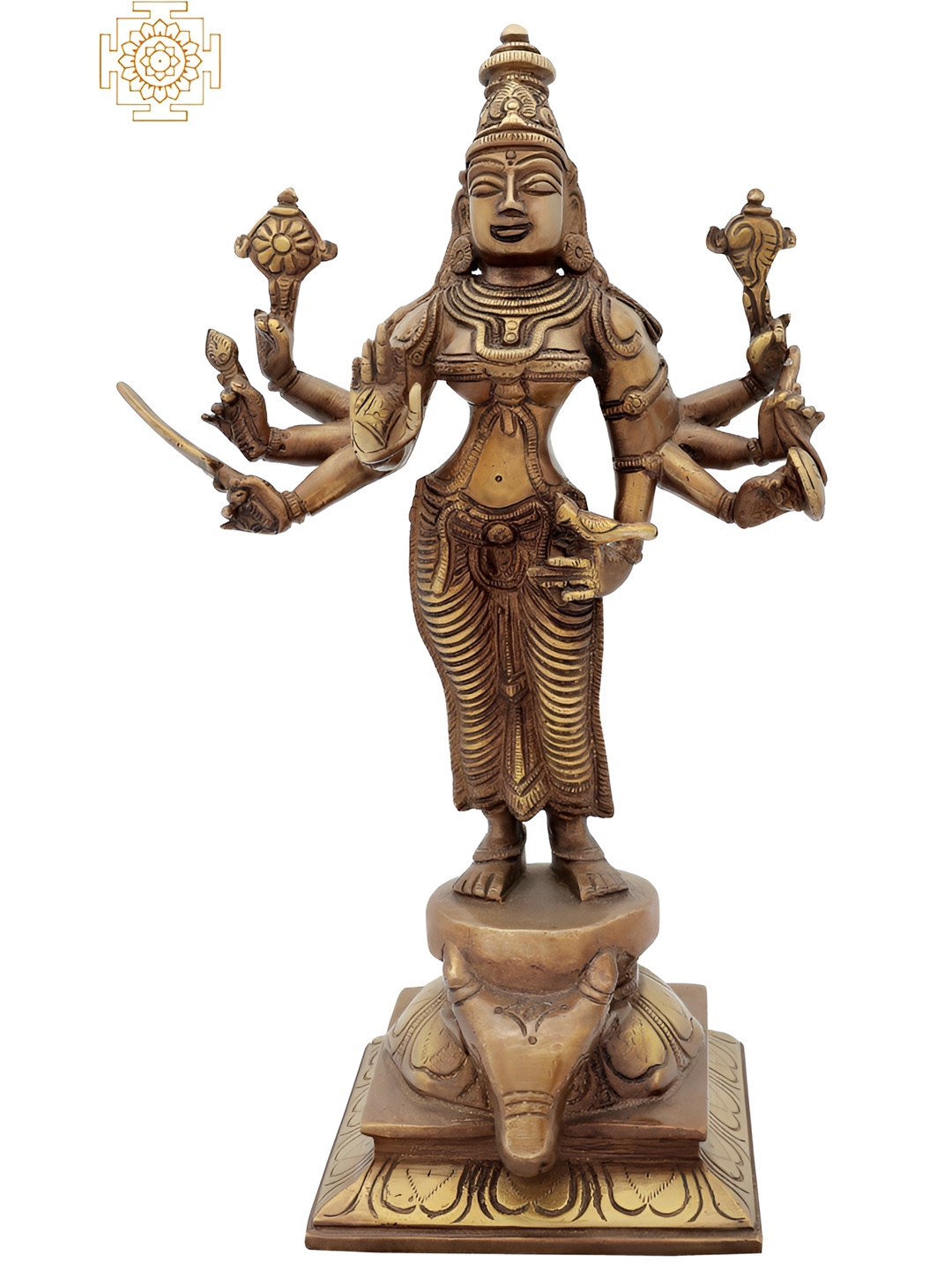 Exotic India Gold-Toned Devi Durga Standing on Buffalo Head Religious Idol Showpiece