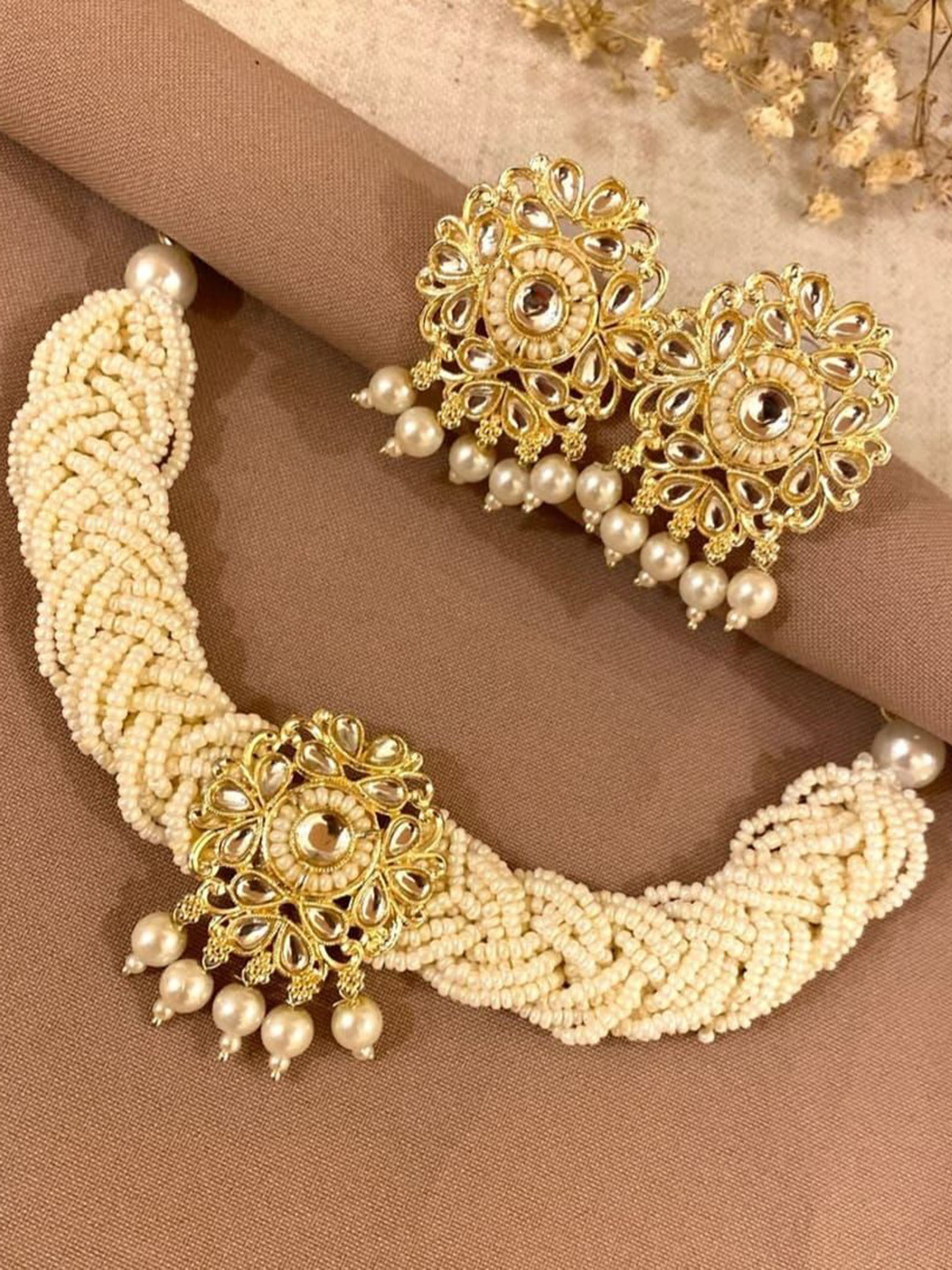 ZMS Gold-Plated Stone-Studded & Beaded Jewellery Set