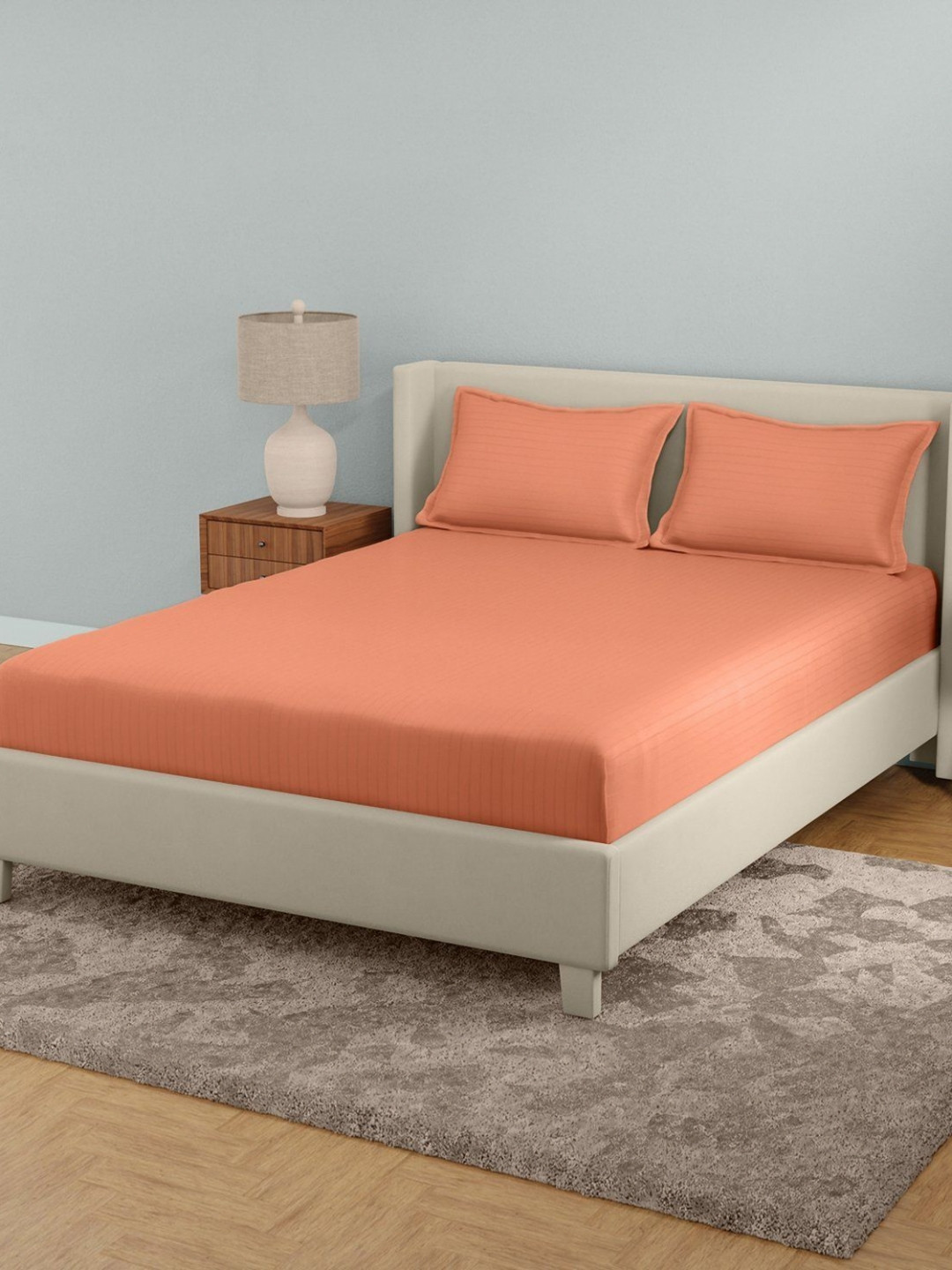STELLAR HOME Prism Peach Striped 210 TC Super King Cotton Bedsheet Set 2.74 m x 2.74 m