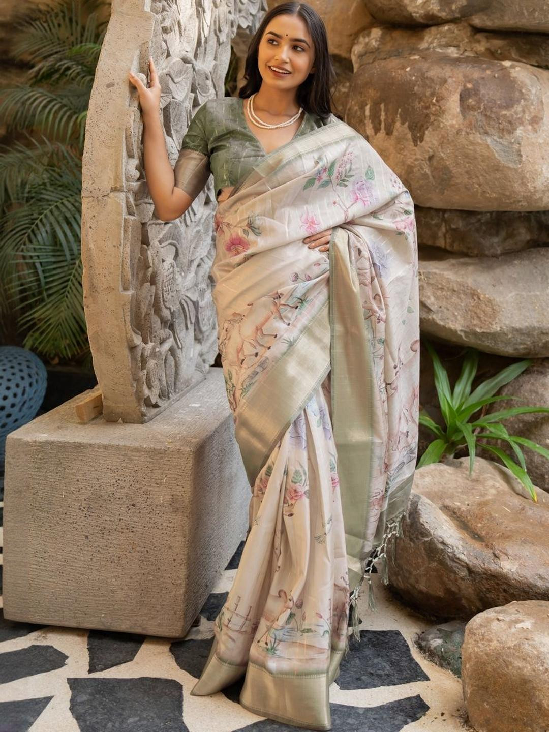 KALINI Beige,Dark Greyish Green N Multicolor Floral Printed Silk Blend Saree