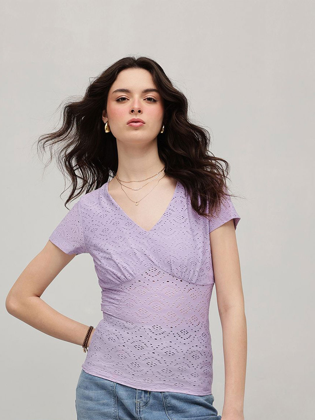 STREET 9 Women V-Neck Empire Schiffli Top