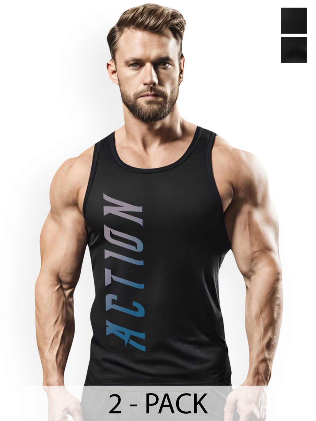 3Colors Pack Of 2 Printed Dry-Fit Sleeveless Gym Vests NCUT-BLK ACTION-BLK SPIRIT-2C