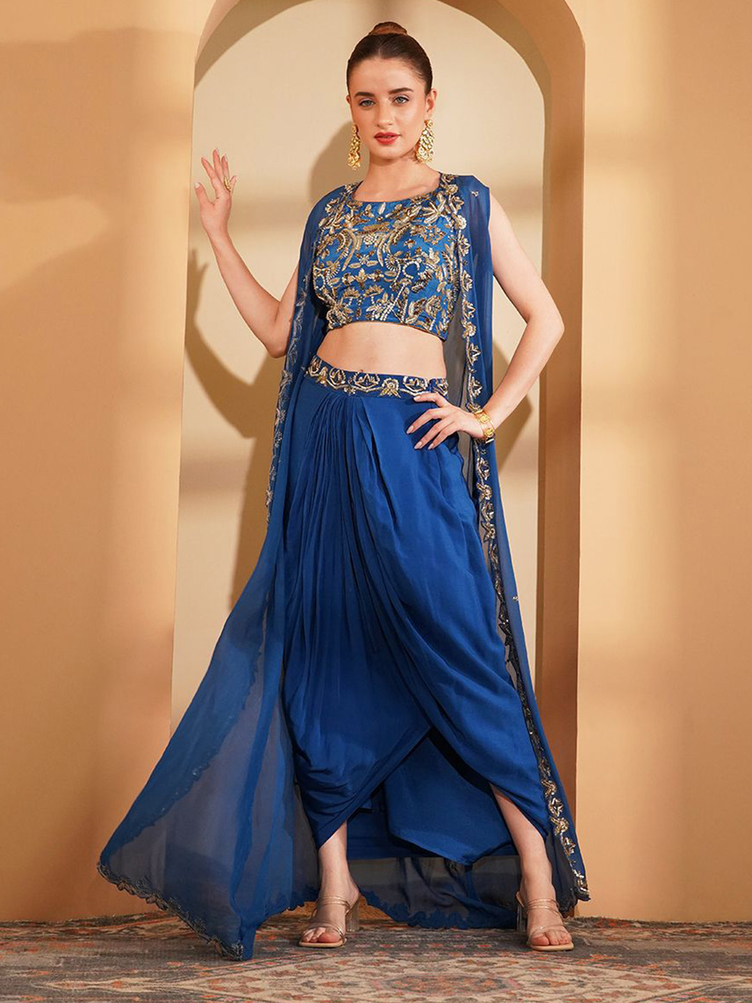 MILU MADAN Women Solid Embroidered Crepe Fit & Flare Maxi Dress