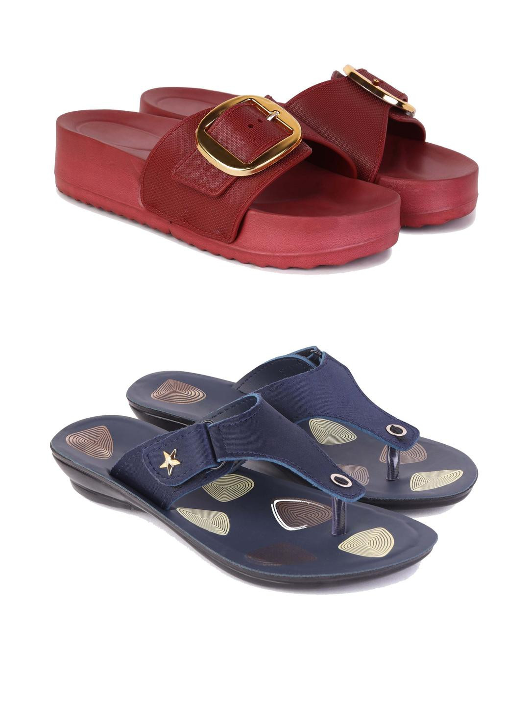 DRACKFOOT Women Pack Of 2 Open Toe Sandals with Buckles