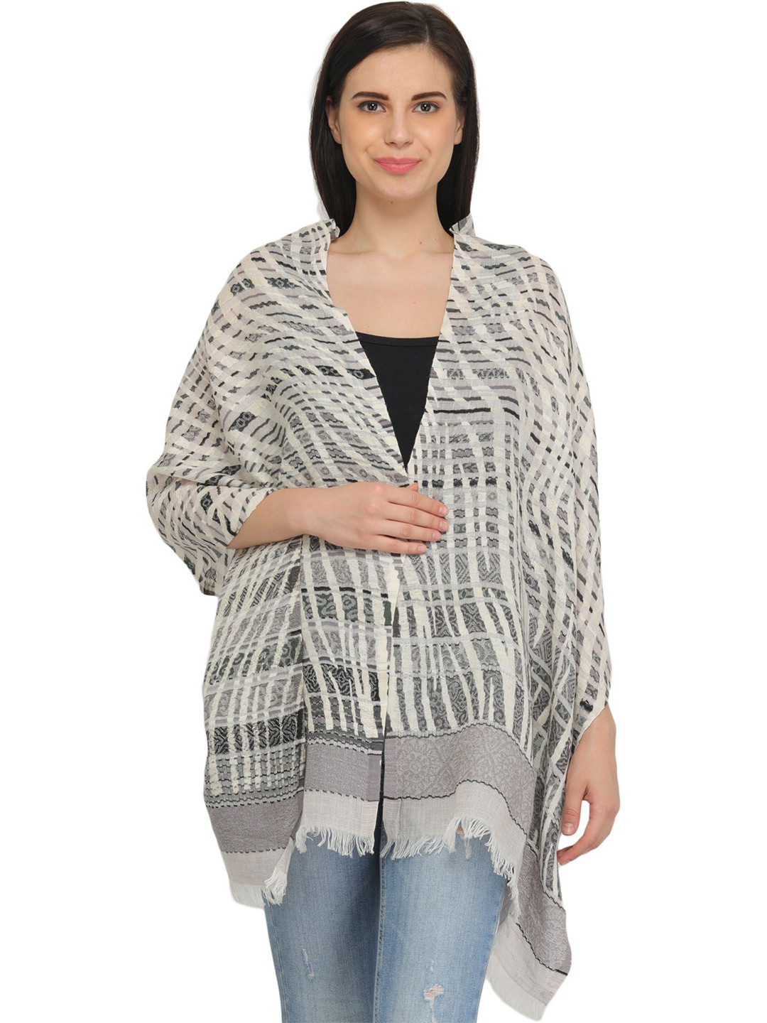 Exotic India Women Stripes and Flowers Woven Design Shawl