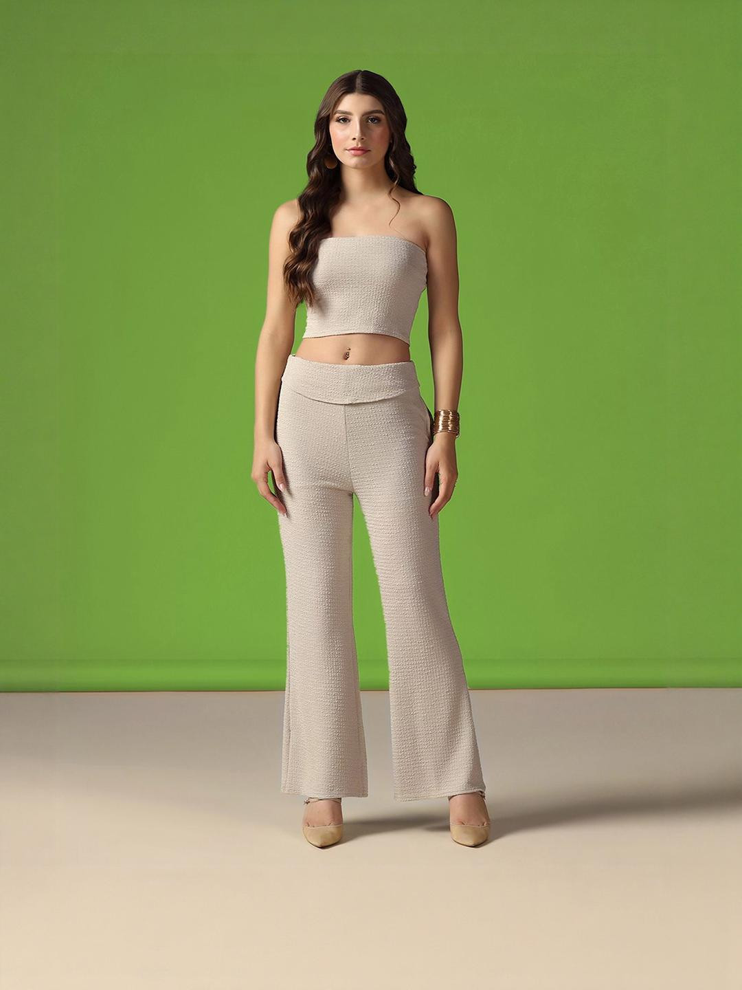 Moda Rapido Womens Beige Polyester Solid Off-Shoulder Top And Trousers Co-ords