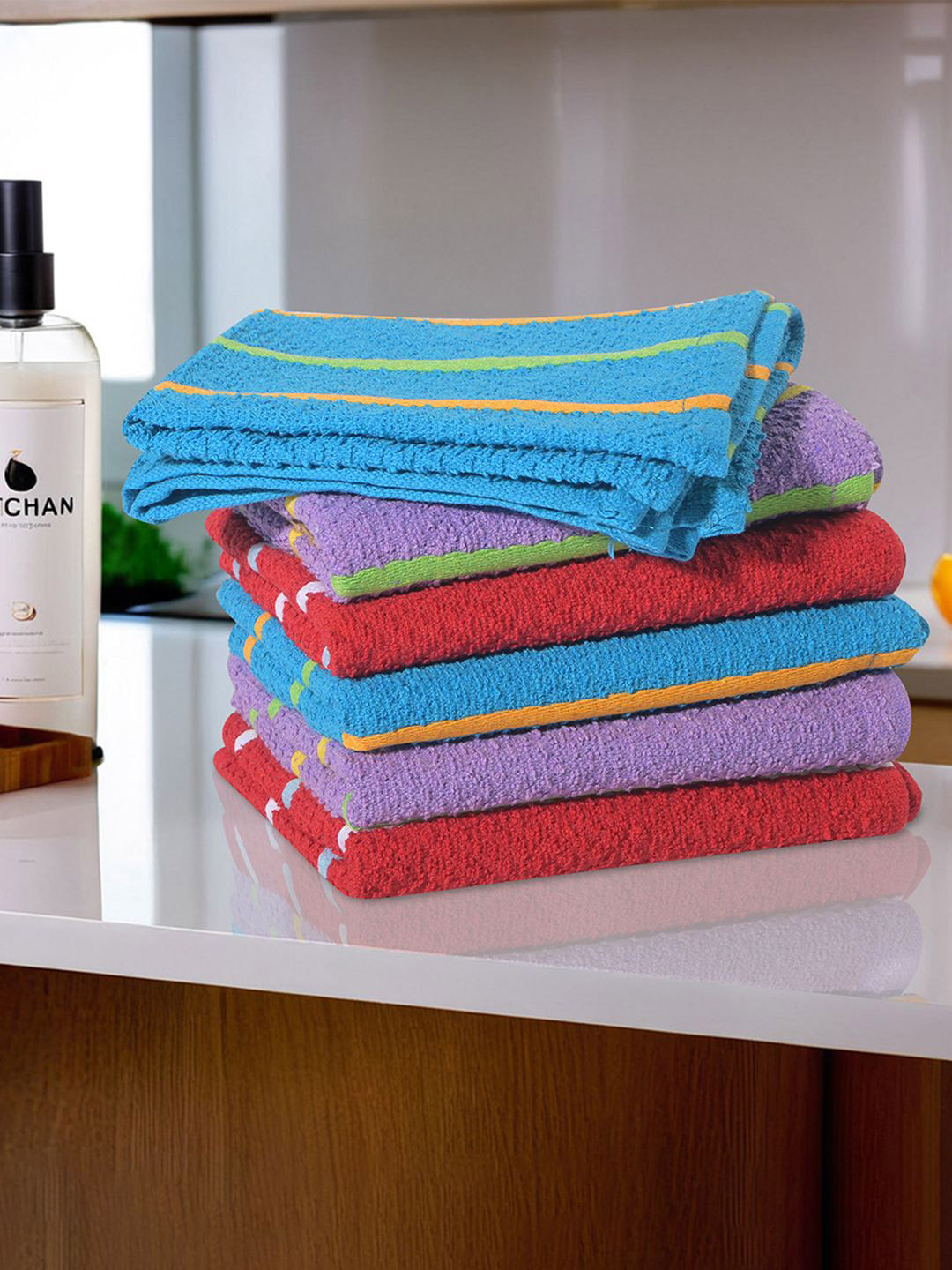 Kuber Industries Blue & Red 6 Pieces Reusable Cotton Kitchen Cleaning Towels