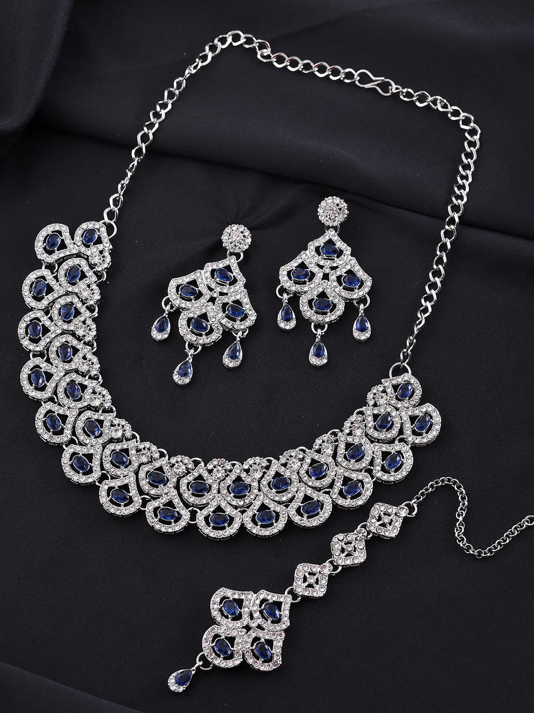 Silver-Plated Blue AD-Studded Elegent Jewellery Set