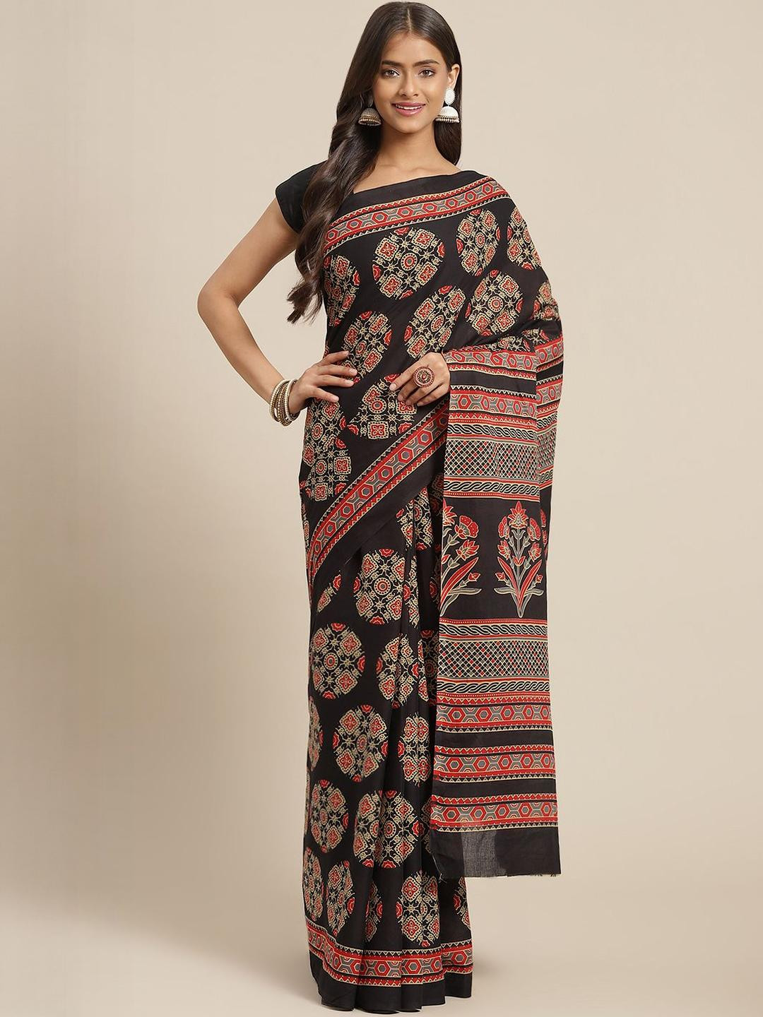 KALINI Women Black And Cream Ajrak print Cotton Saree with Blouse