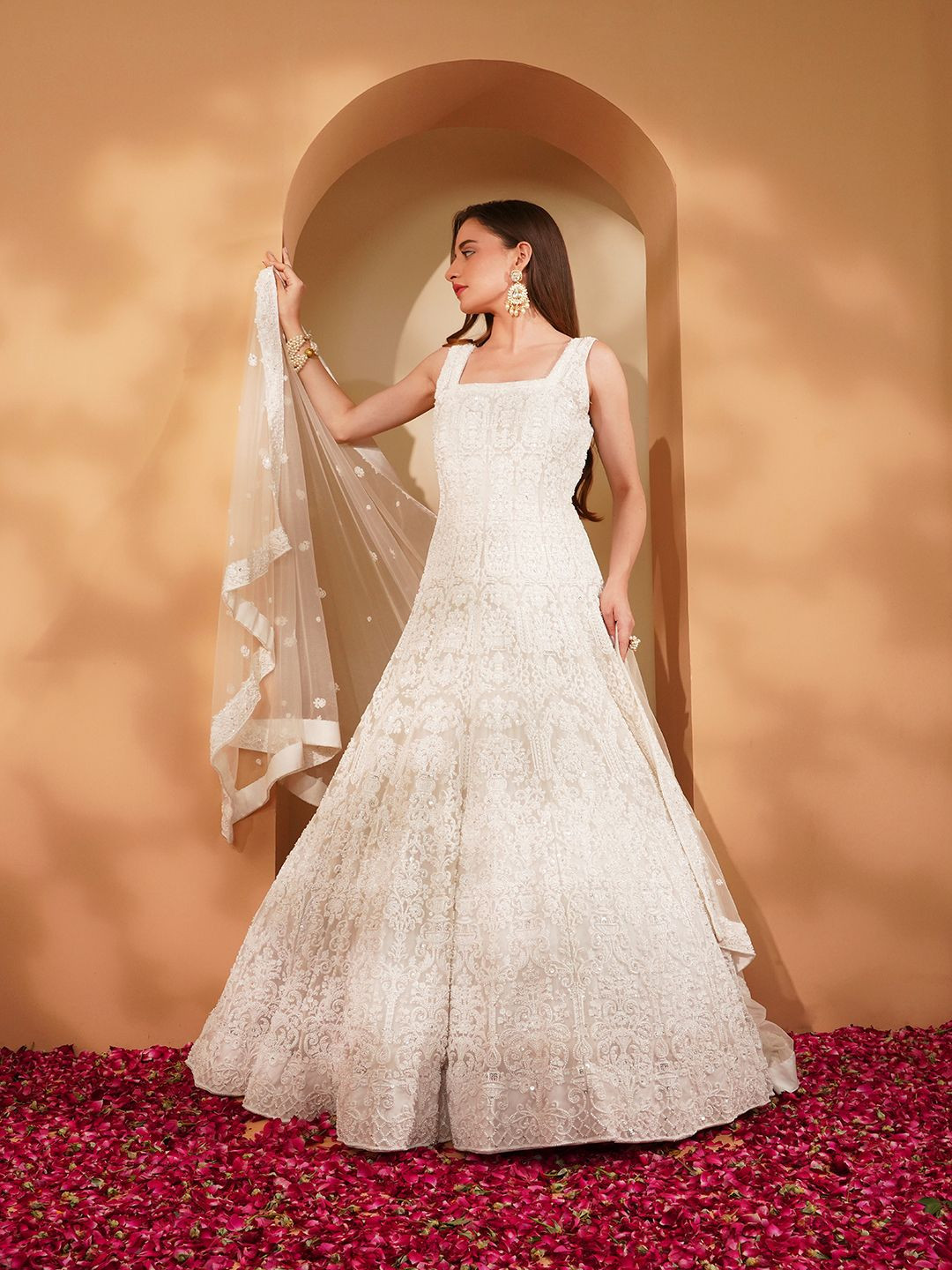 MILU MADAN Self Design Embroidered Shoulder Straps Net Gown Maxi Dress