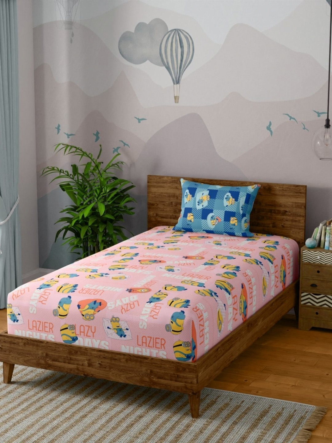 STELLAR HOME Pink & Blue Cartoon Characters 144 TC Single Bedsheet Set 1.50 cm X 2.24m