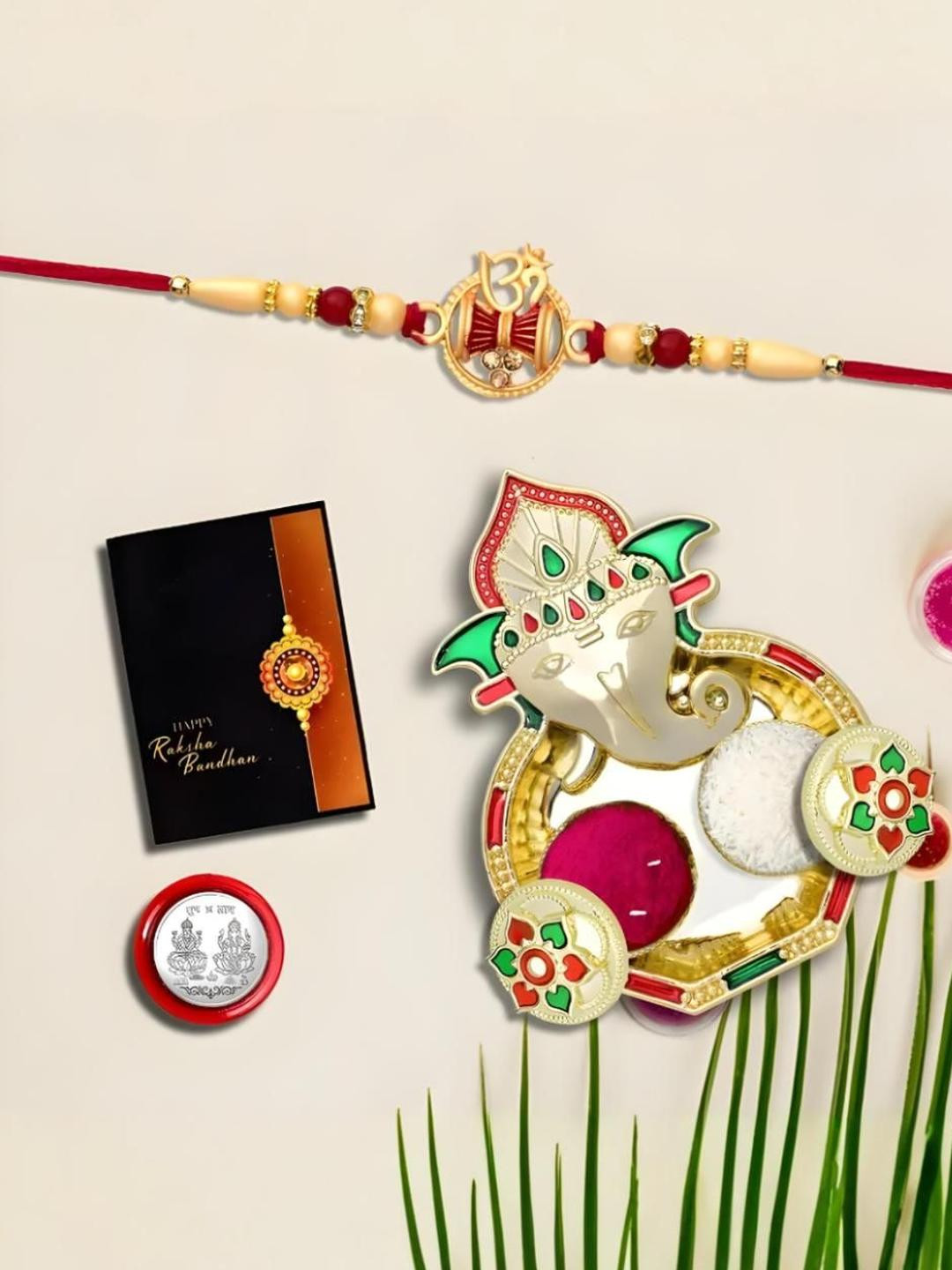 Multicolor Rakhi Combo with Pooja Thali, Pooja Coin, Roli Chawal & Greeting Card