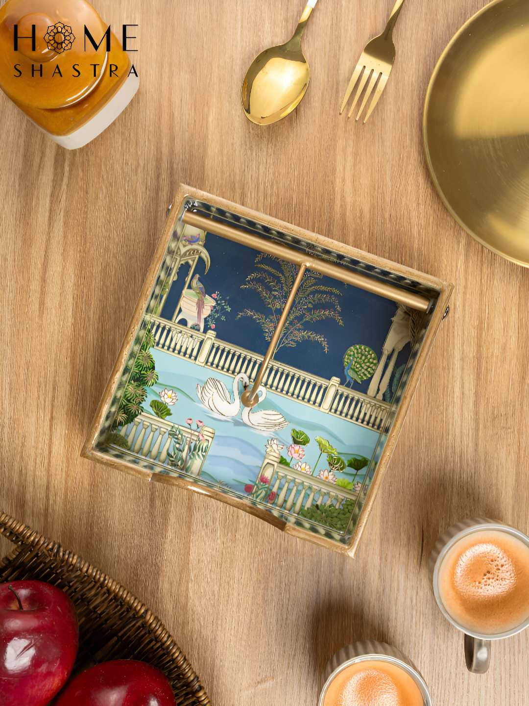 HomeShastra Blue Swan Printed Wooden Tissue Holders