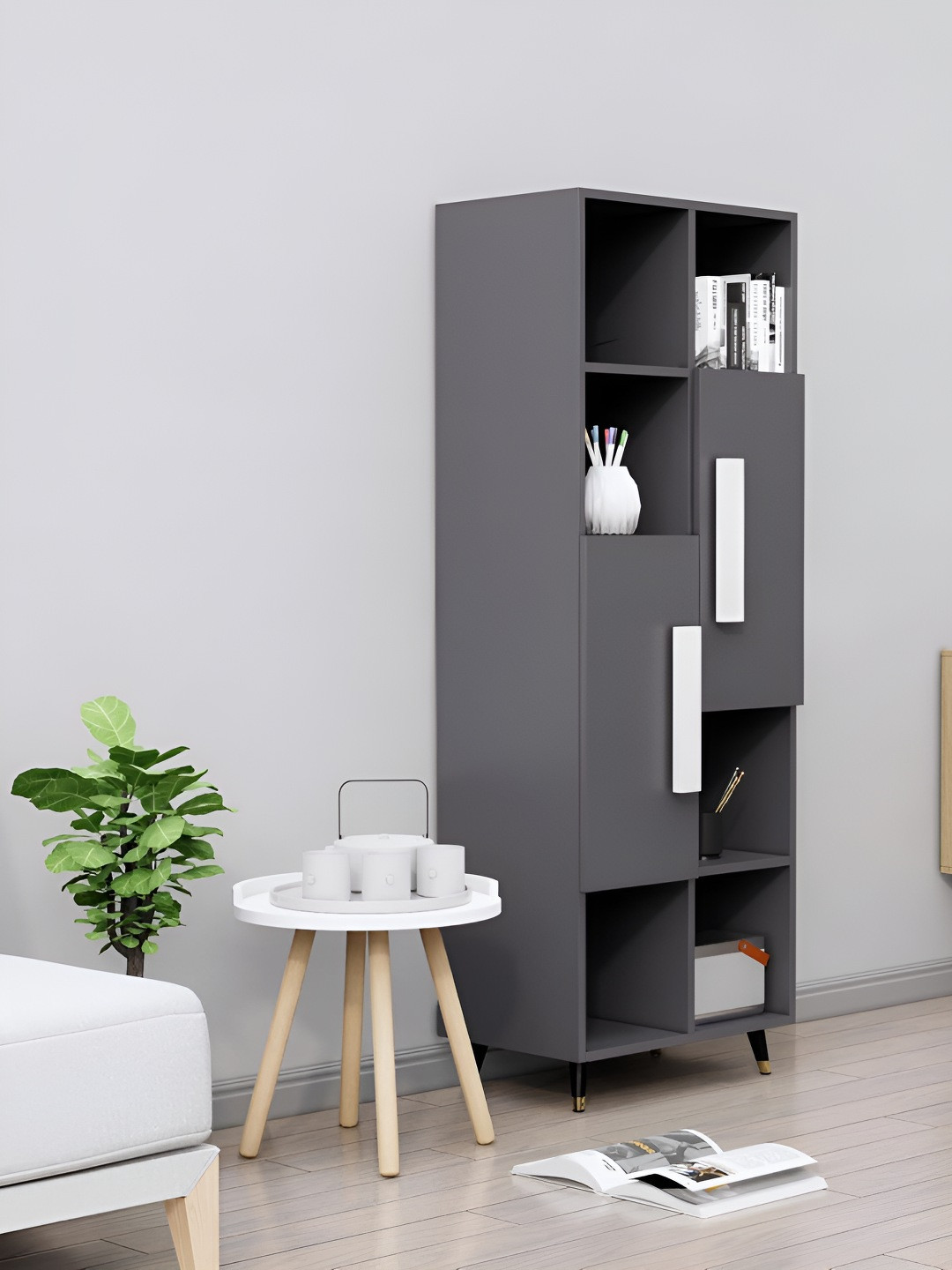 HEXA RED Grey & White Wooden Book Shelf