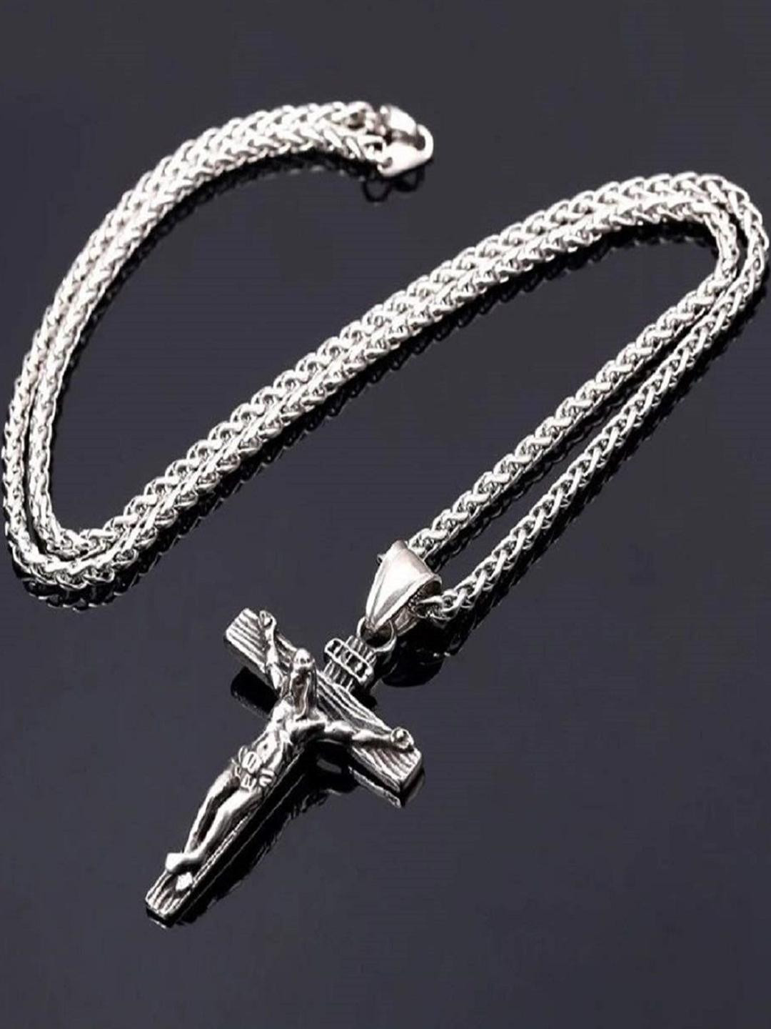 Vientiq Men 925 Sterling Silver-Plated Crucifix Jesus Cross Pendant With Chain