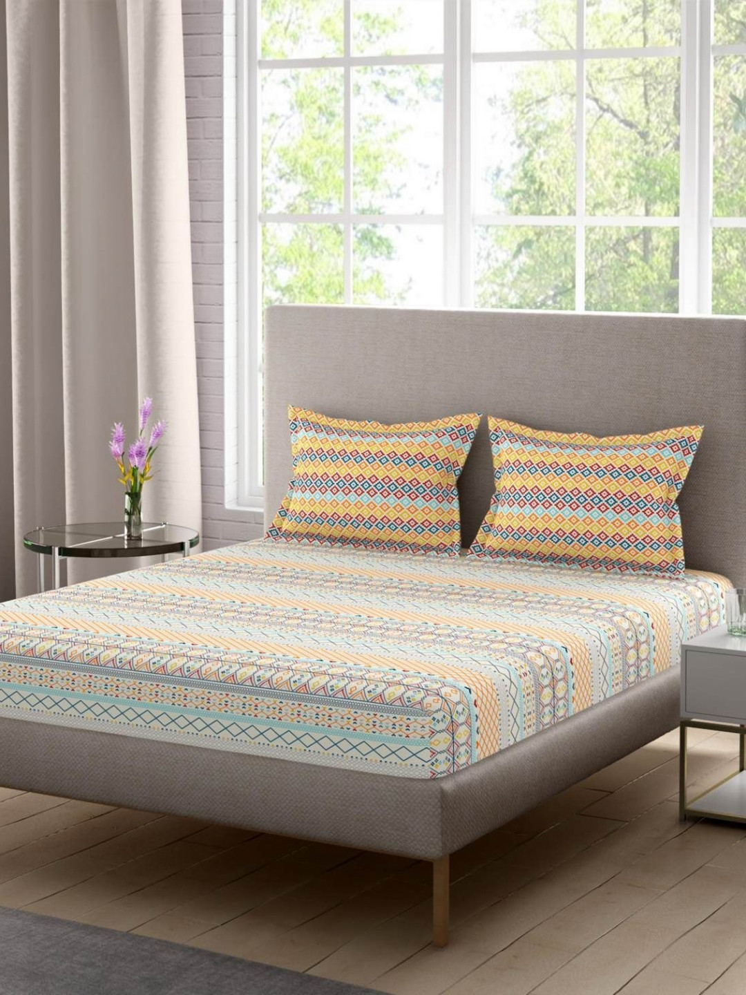 STELLAR HOME Yellow & Blue Printed 104 TC Queen Bedsheet Set 2.24 m x 2.54 m