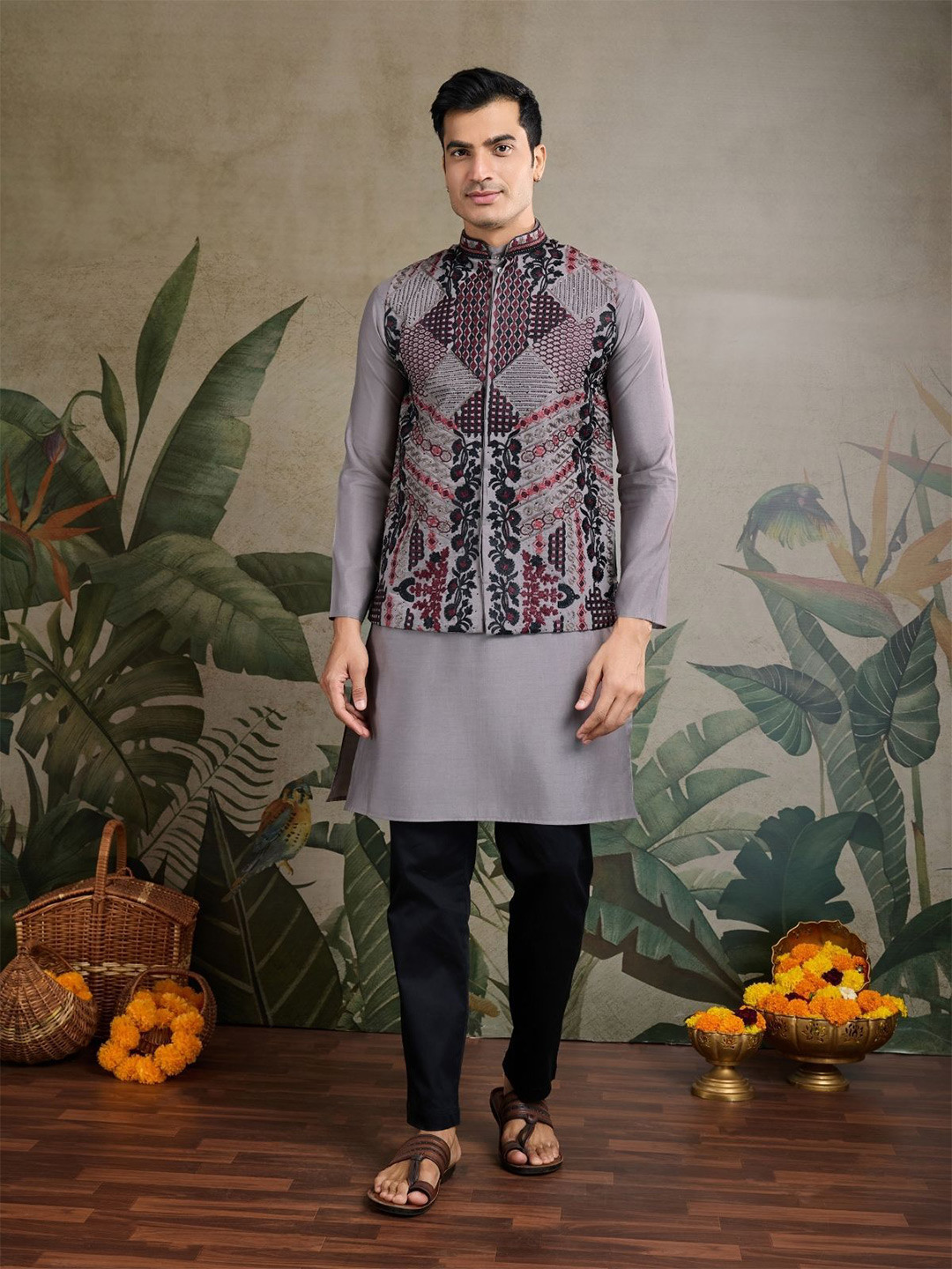 ODETTE  Grey Viscose Silk Embroidered Stitched Kurta For Men